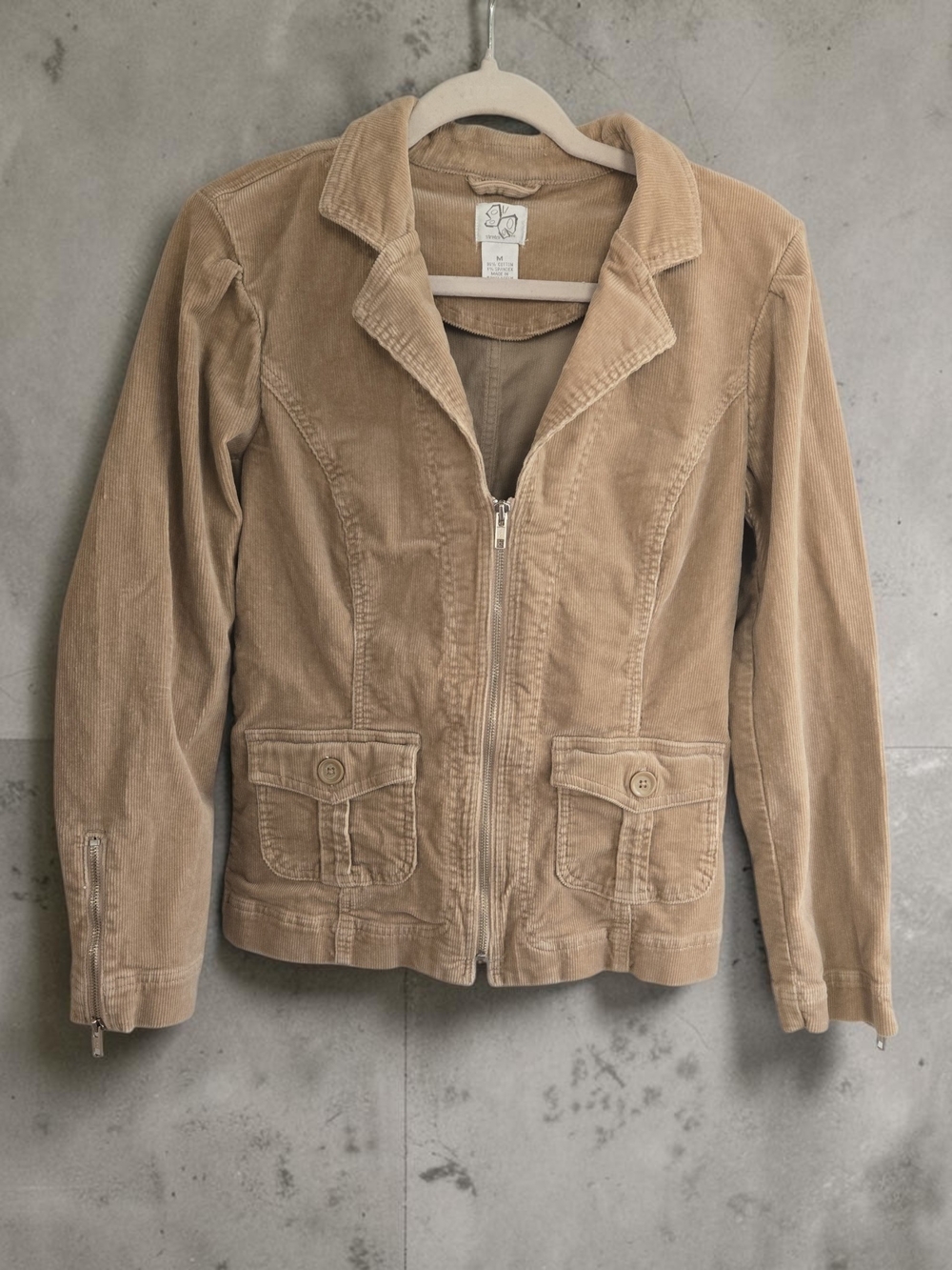 VTG Y2K Corduroy Utility Cargo Jacket Cinched Peplum Tan